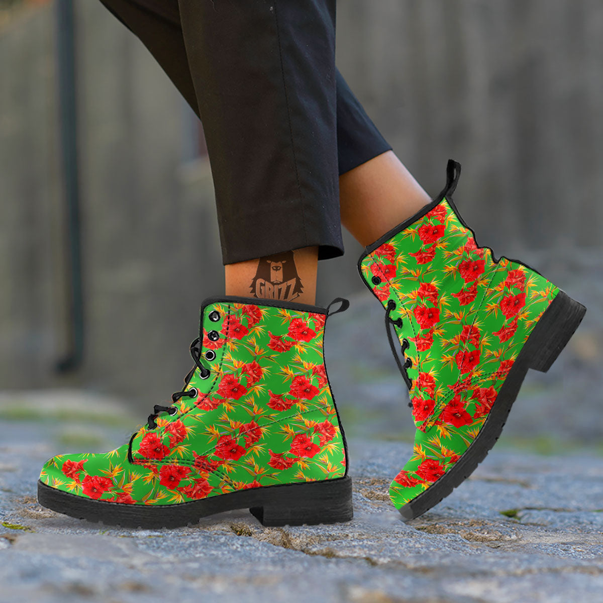 Japanese Amaryllis Yellow And Red Print Pattern Leather Boots-grizzshop