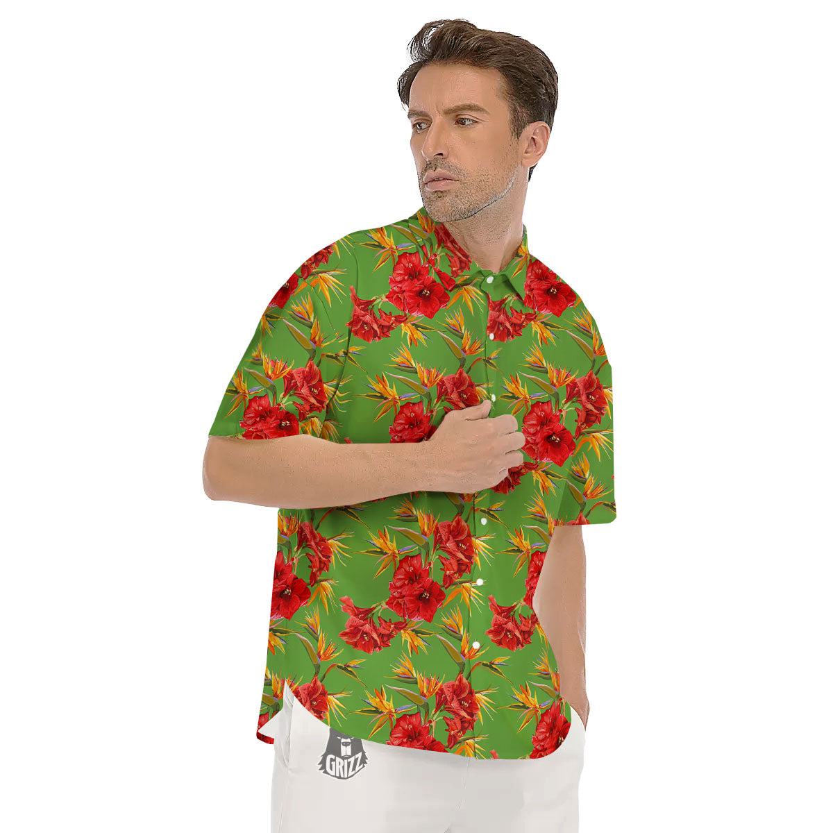 Japanese Amaryllis Yellow And Red Print Pattern Men's Short Sleeve Shirts-grizzshop