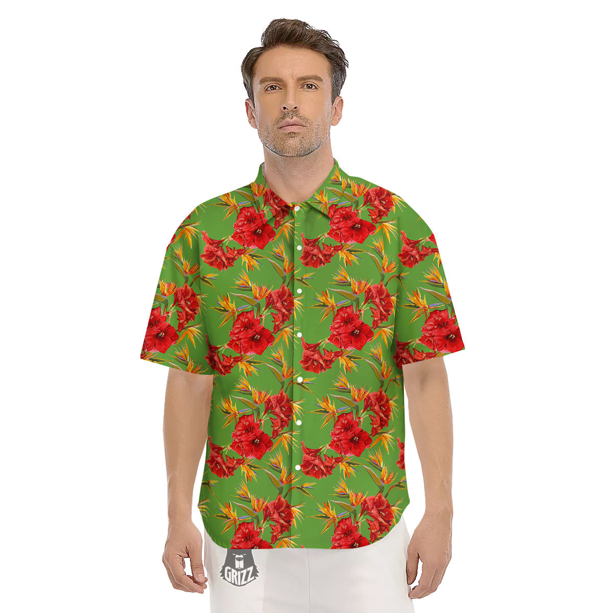 Japanese Amaryllis Yellow And Red Print Pattern Men's Short Sleeve Shirts-grizzshop