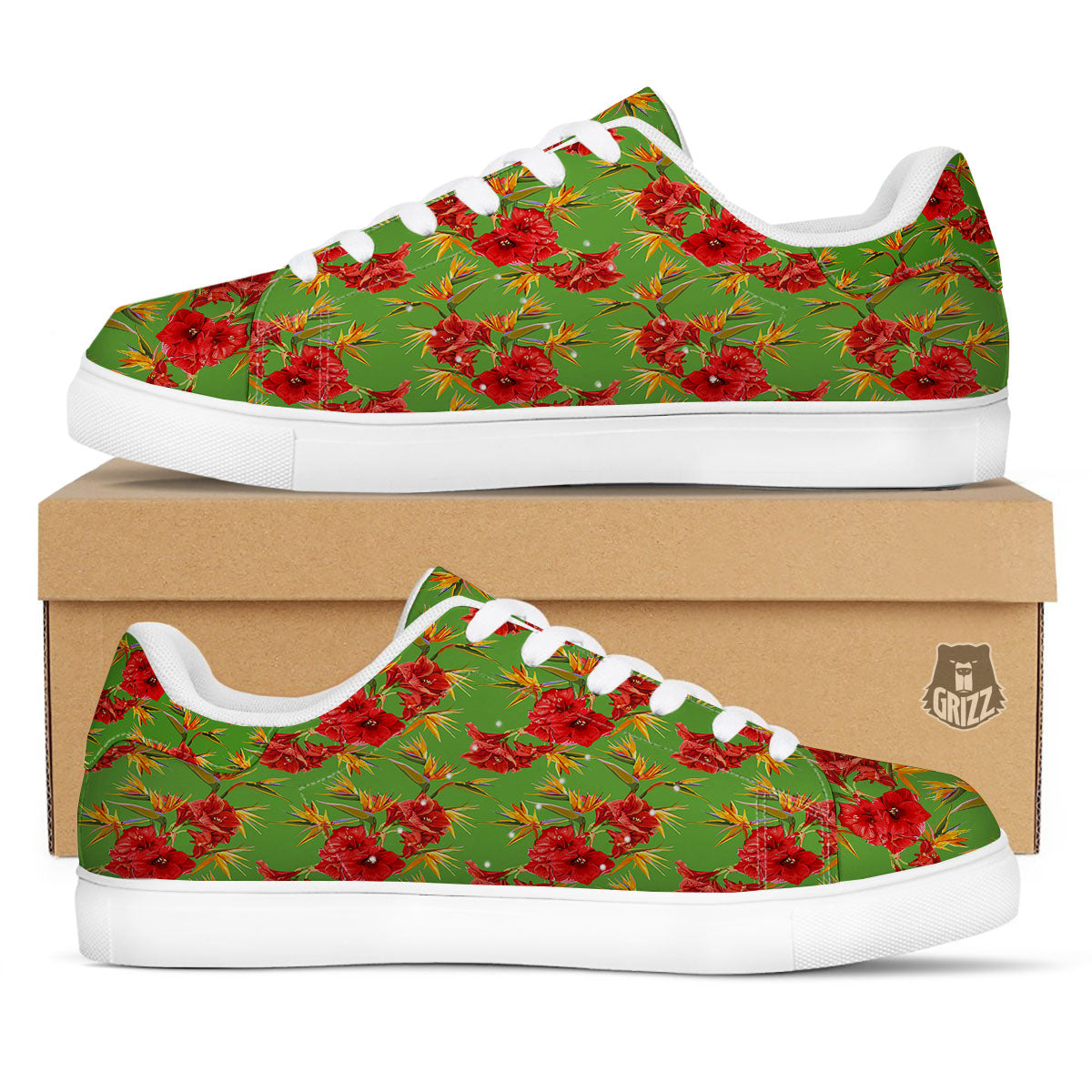 Japanese Amaryllis Yellow And Red Print Pattern White Low Top Sneakers-grizzshop