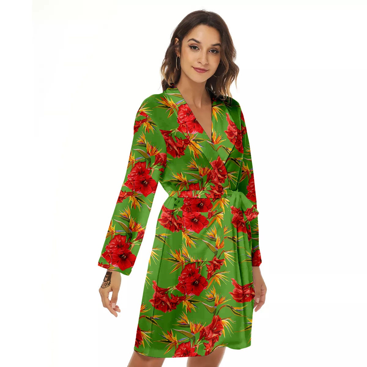 Japanese Amaryllis Yellow And Red Print Pattern Women's Robe-grizzshop
