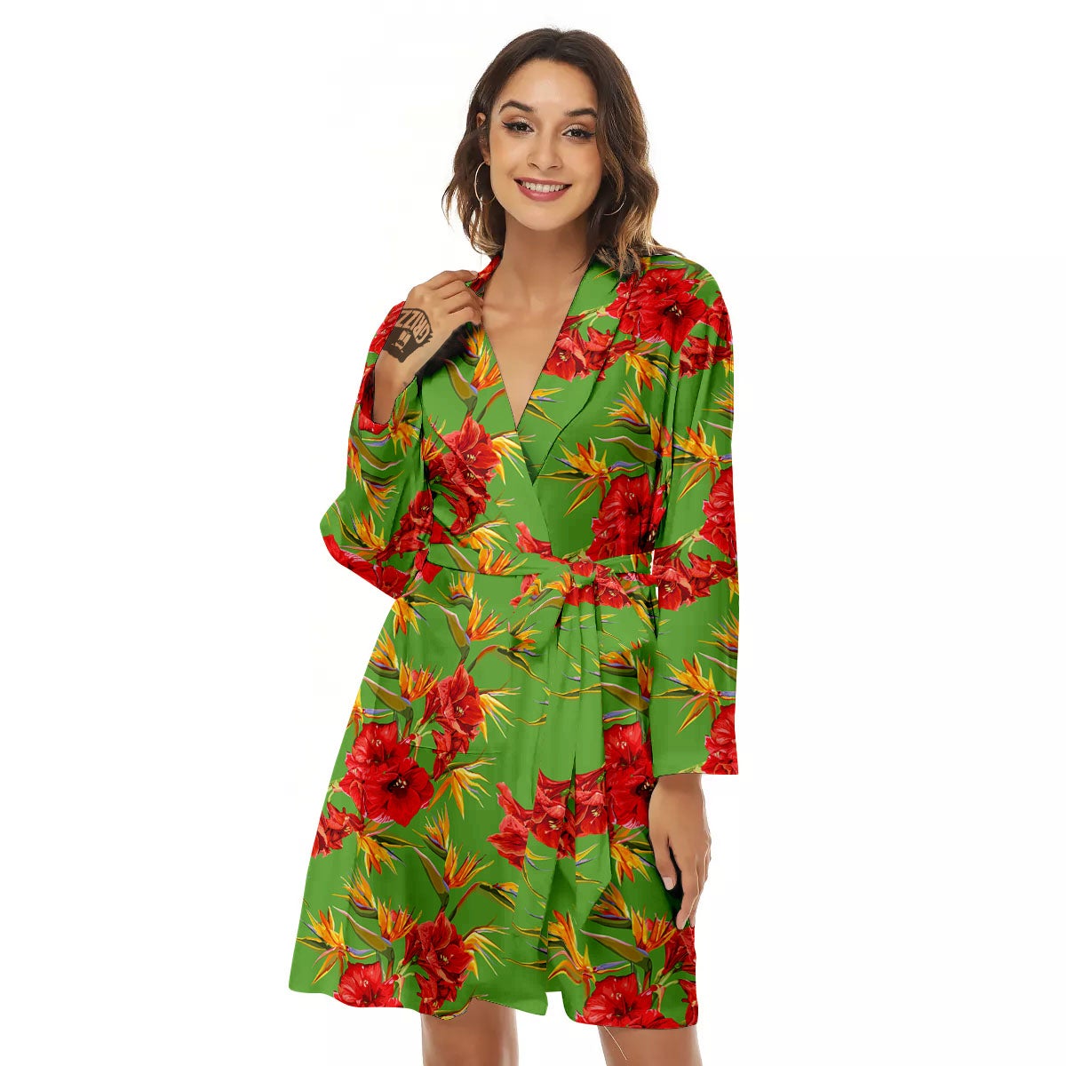 Japanese Amaryllis Yellow And Red Print Pattern Women's Robe-grizzshop