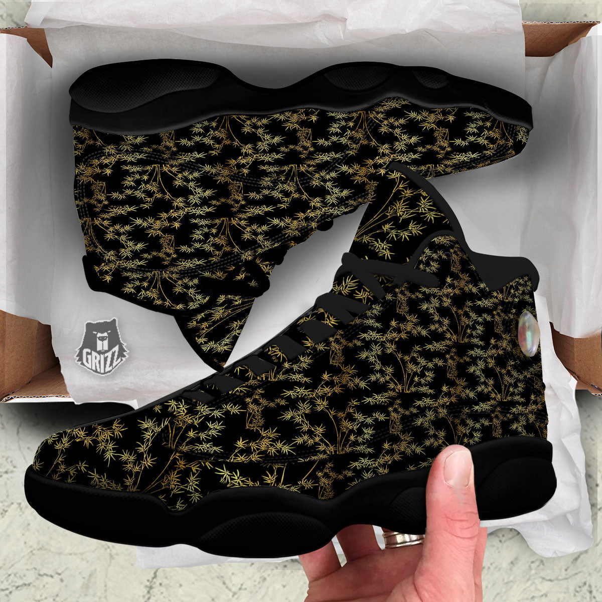 Japanese Bamboo Black And Gold Print Pattern Black Basketball Shoes-grizzshop