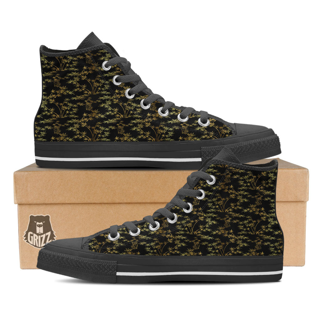 Japanese Bamboo Black And Gold Print Pattern Black High Top Shoes-grizzshop