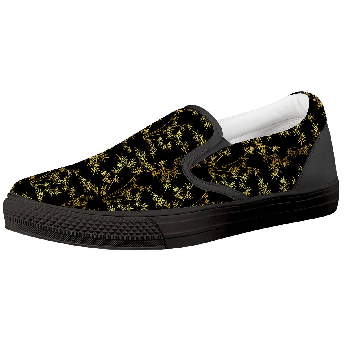 Japanese Bamboo Black And Gold Print Pattern Black Slip On Shoes-grizzshop