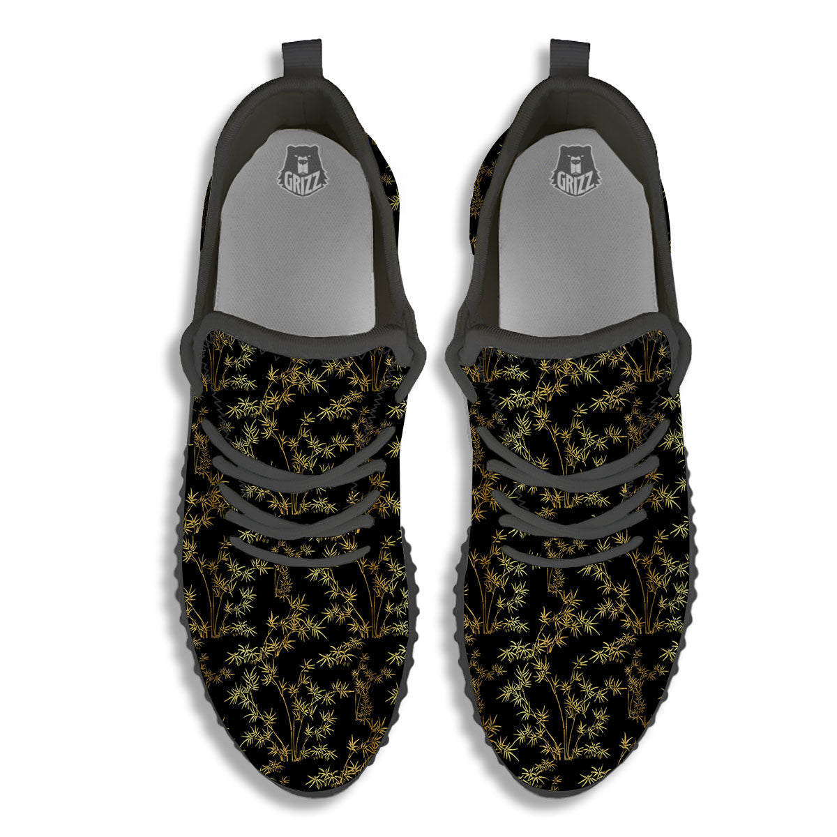 Japanese Bamboo Black And Gold Print Pattern Black Walking Shoes-grizzshop