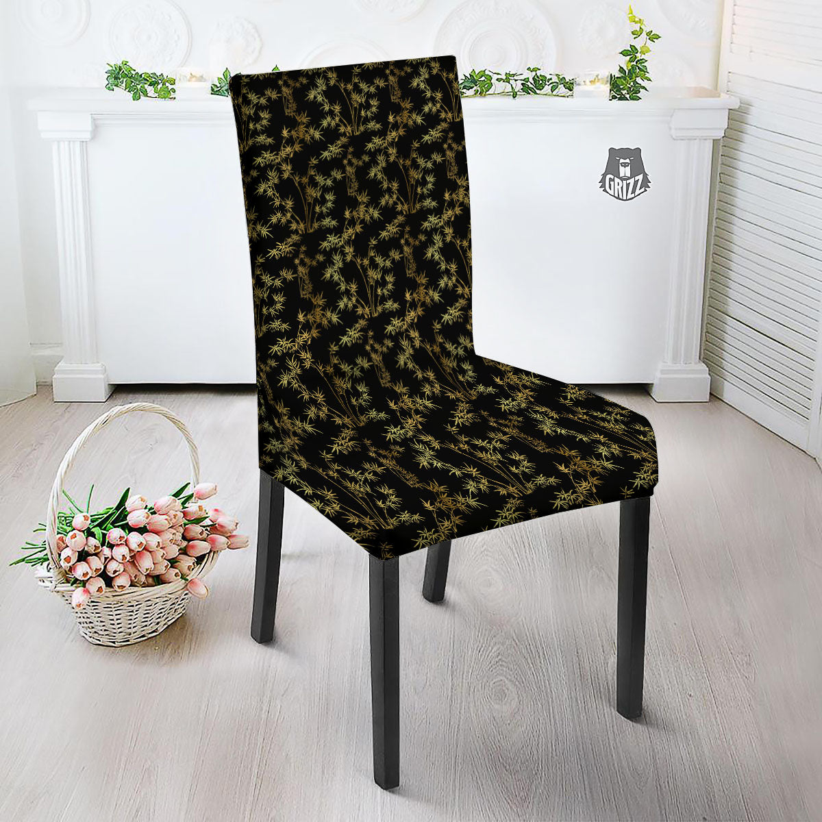 Japanese Bamboo Black And Gold Print Pattern Dining Chair Slipcover-grizzshop