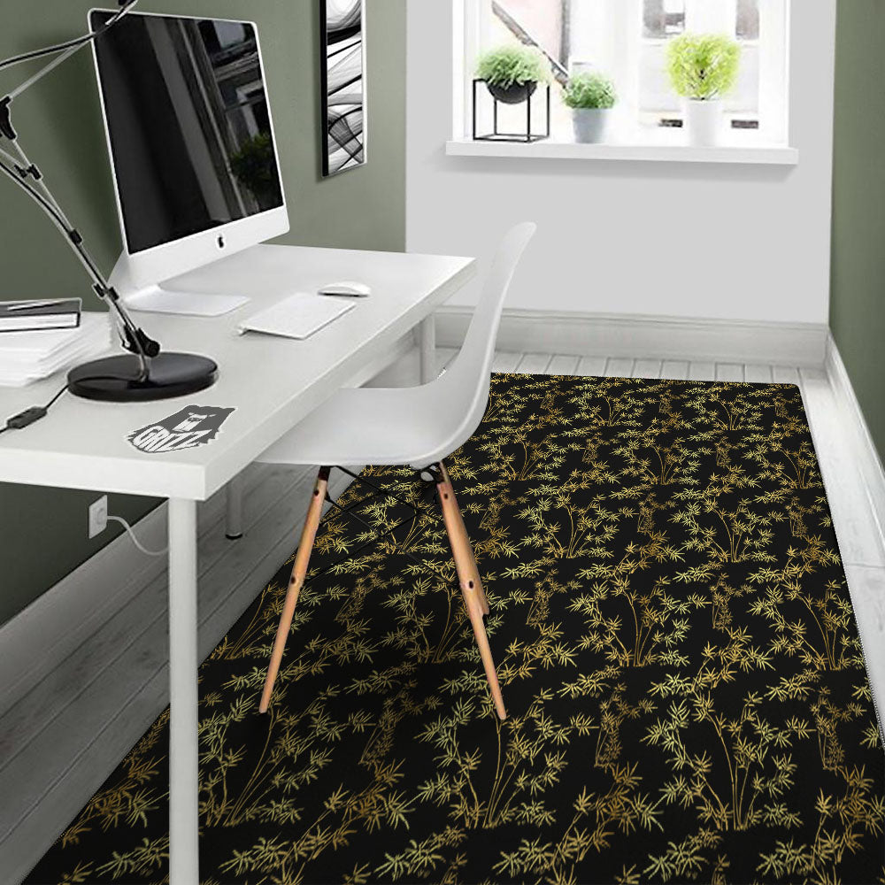 Japanese Bamboo Black And Gold Print Pattern Floor Mat-grizzshop