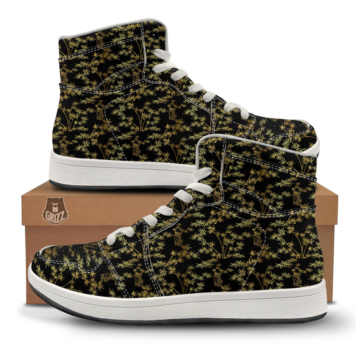 Japanese Bamboo Black And Gold Print Pattern High Top Sneakers-grizzshop