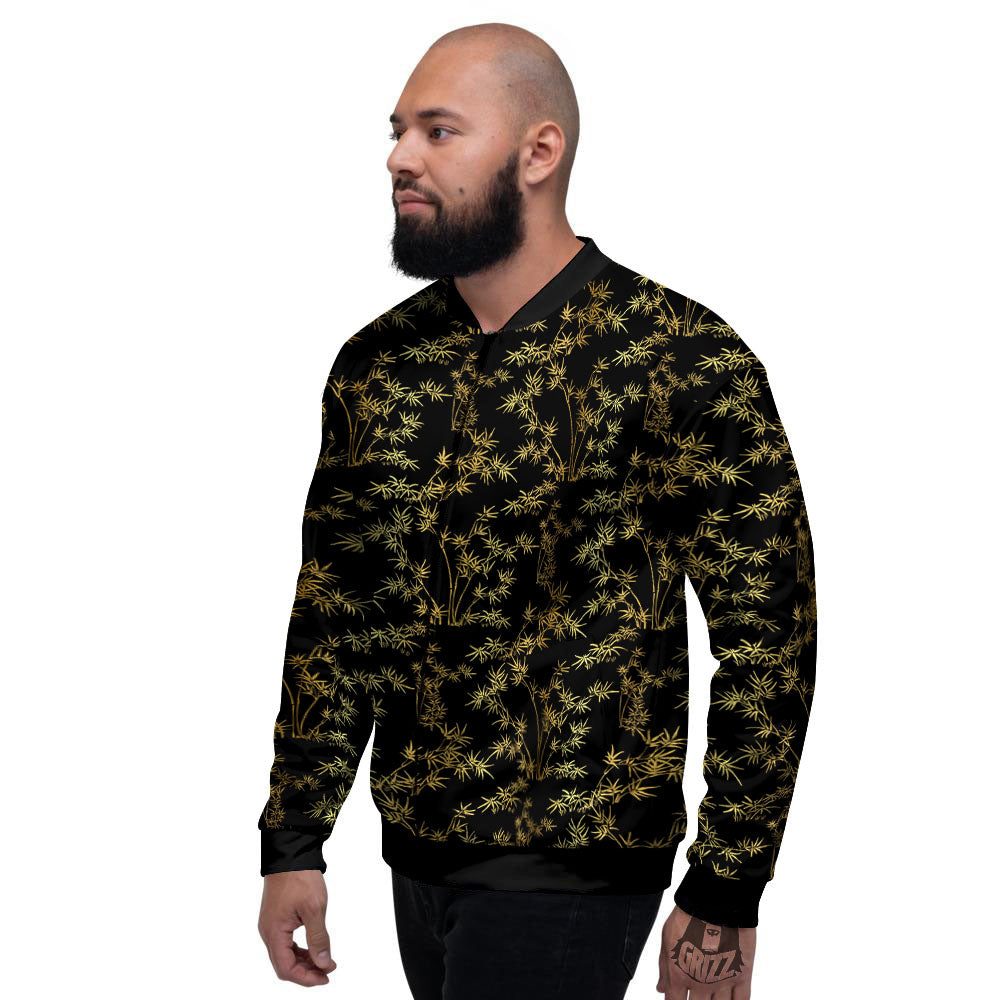 Japanese Bamboo Black And Gold Print Pattern Men's Bomber Jacket-grizzshop