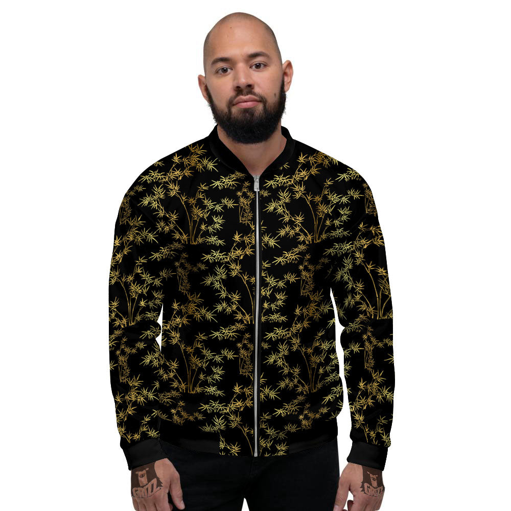 Japanese Bamboo Black And Gold Print Pattern Men's Bomber Jacket-grizzshop