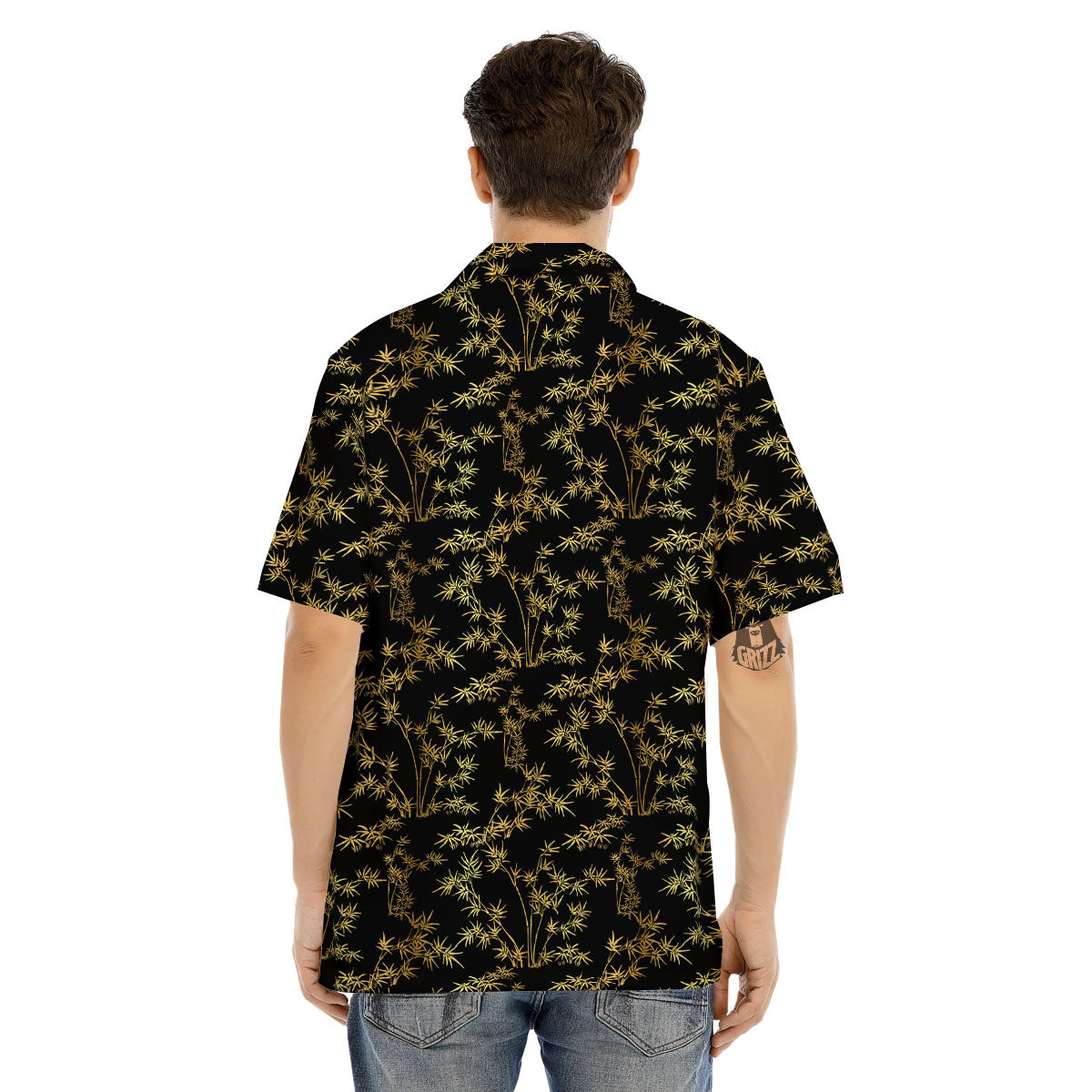 Japanese Bamboo Black And Gold Print Pattern Men's Hawaiian Shirt-grizzshop