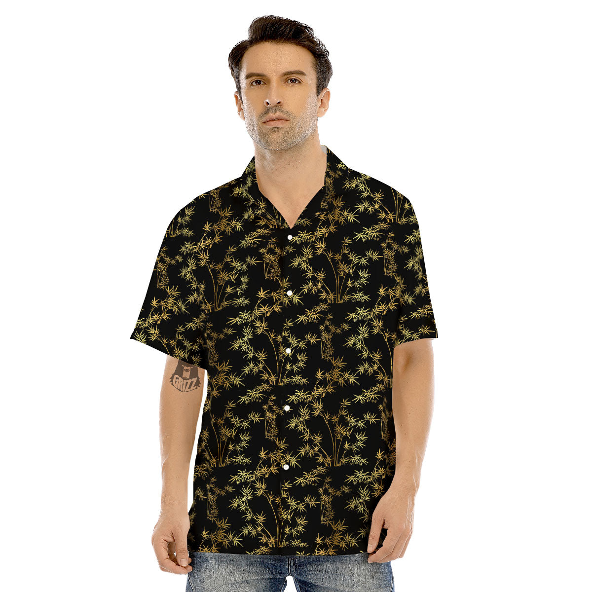 Japanese Bamboo Black And Gold Print Pattern Men's Hawaiian Shirt-grizzshop