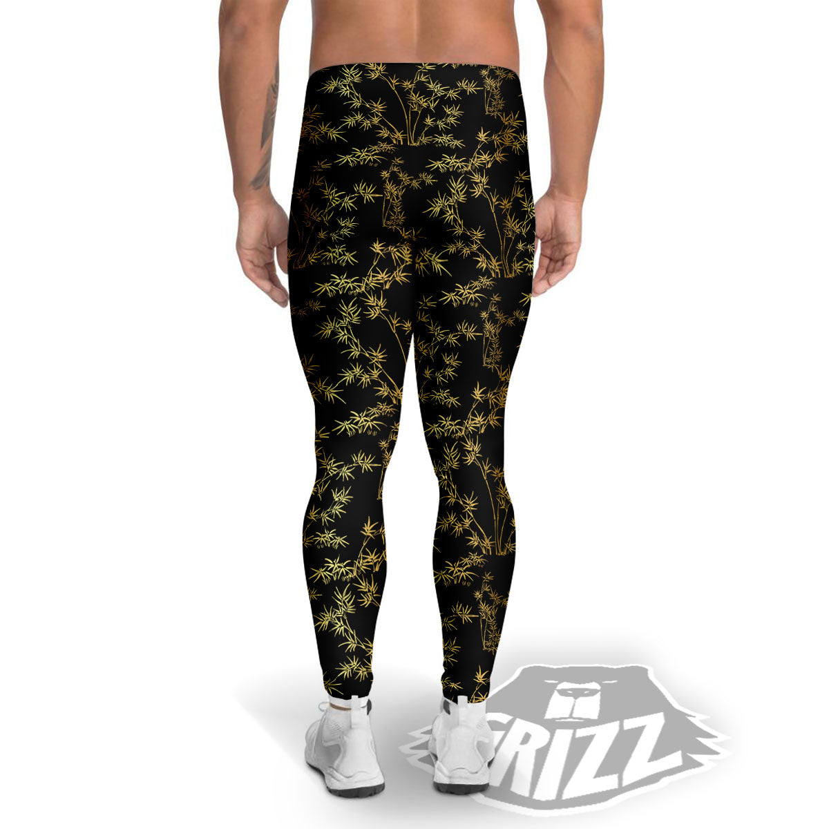 Japanese Bamboo Black And Gold Print Pattern Men's Leggings-grizzshop