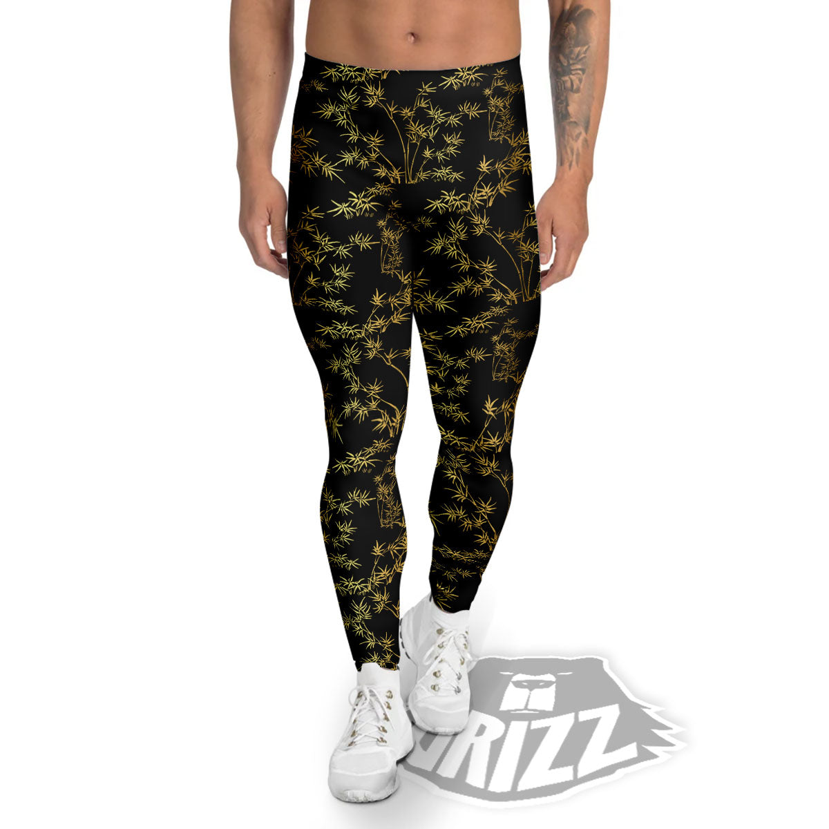 Japanese Bamboo Black And Gold Print Pattern Men's Leggings-grizzshop