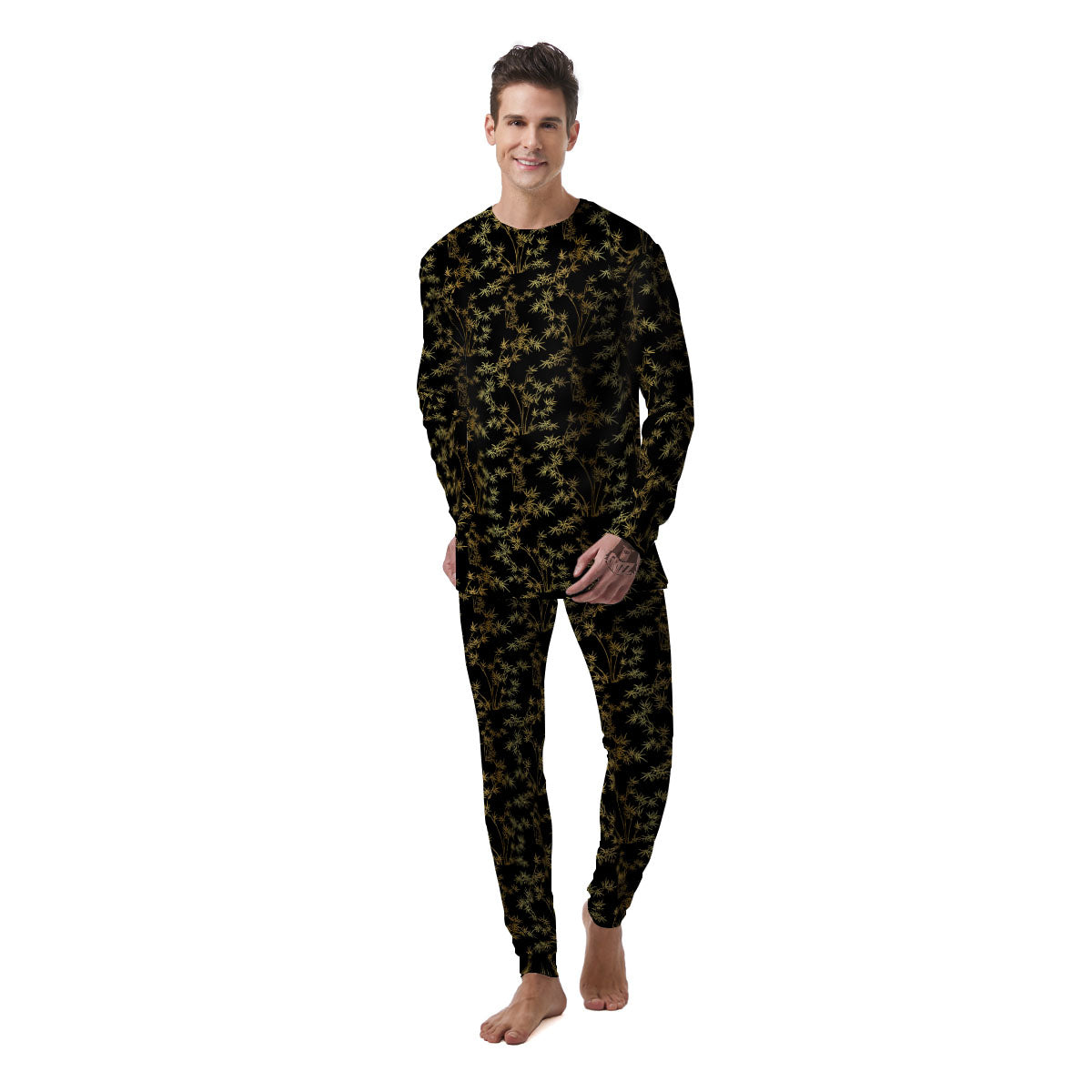 Japanese Bamboo Black And Gold Print Pattern Men's Pajamas-grizzshop