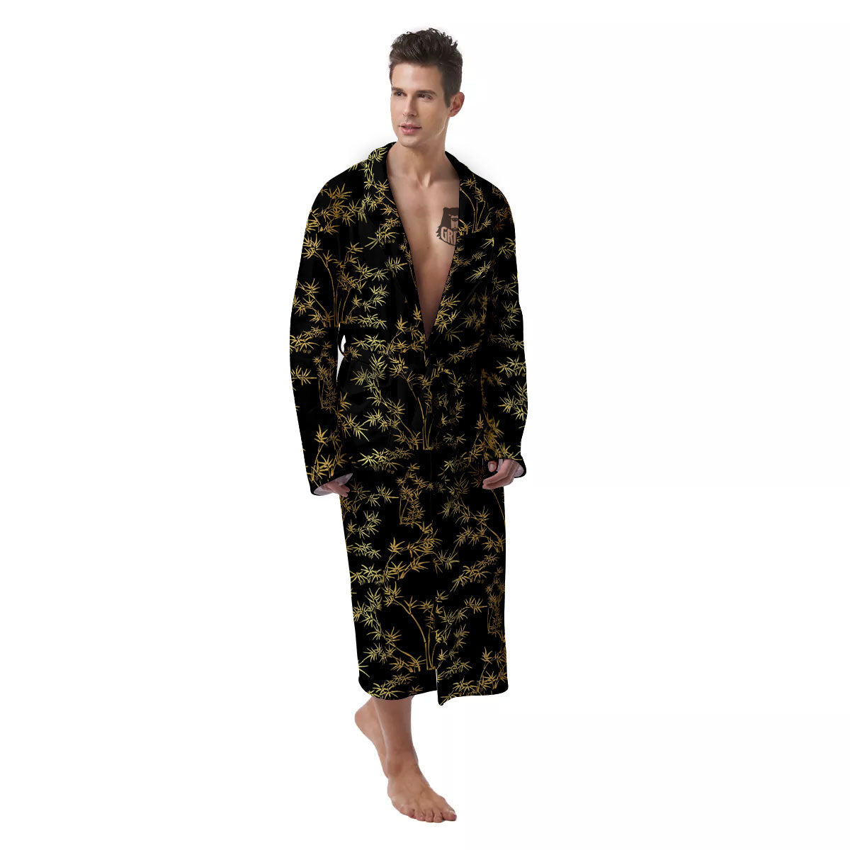 Japanese Bamboo Black And Gold Print Pattern Men's Robe-grizzshop