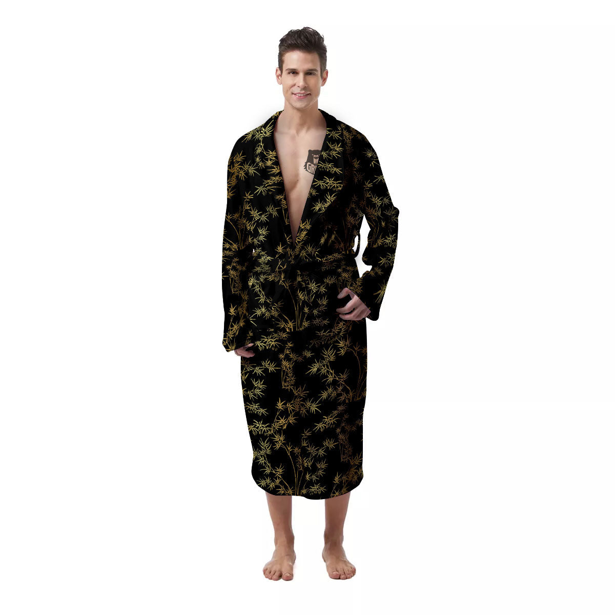 Japanese Bamboo Black And Gold Print Pattern Men's Robe-grizzshop