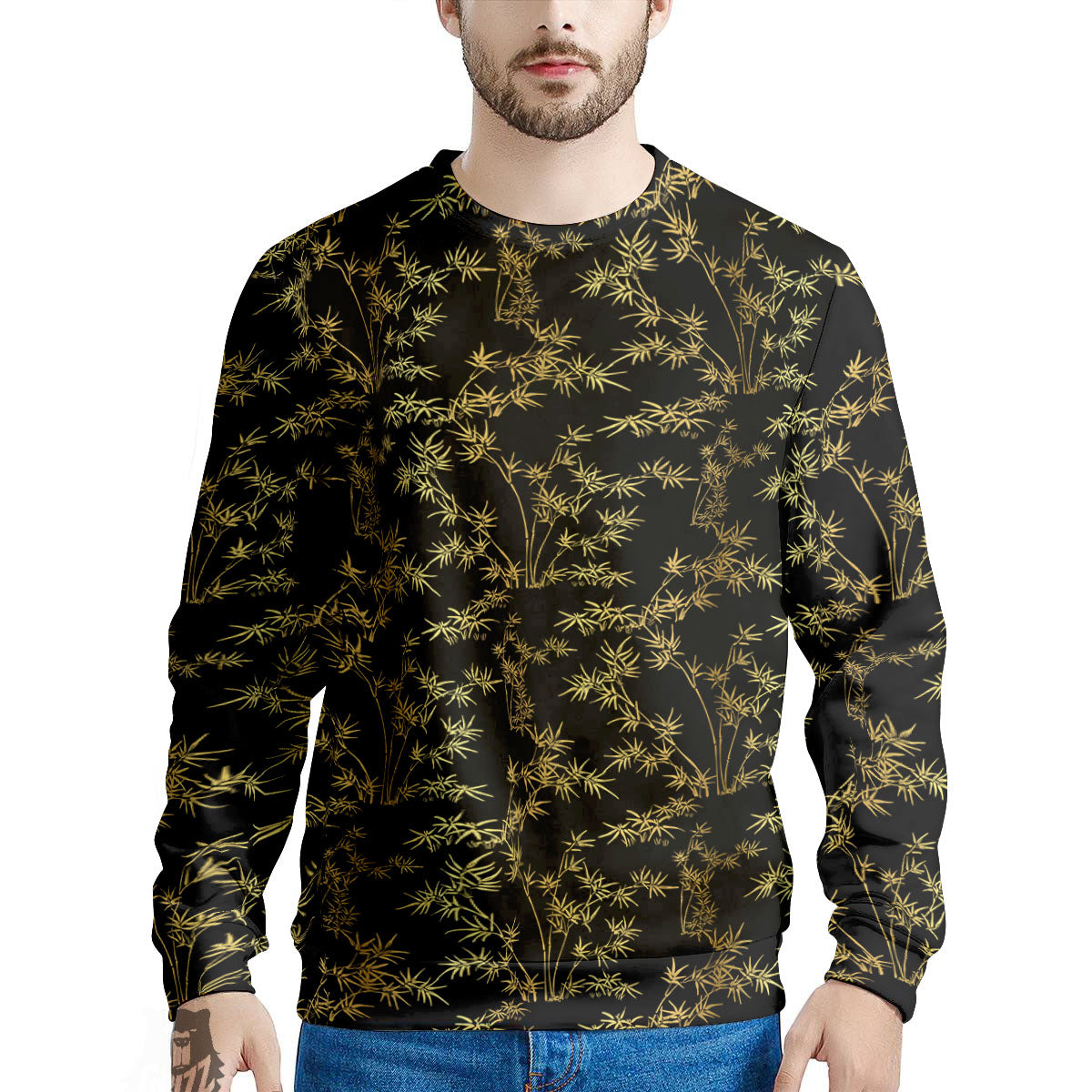 Japanese Bamboo Black And Gold Print Pattern Men's Sweatshirt-grizzshop
