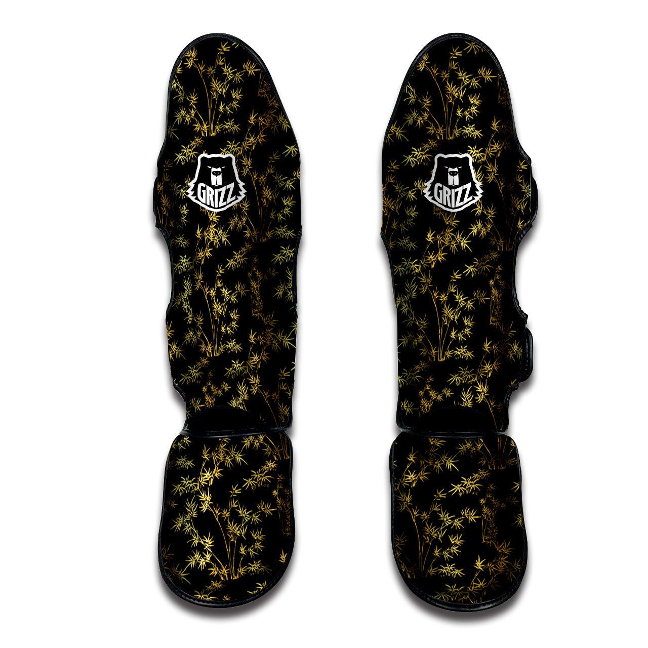 Japanese Bamboo Black And Gold Print Pattern Muay Thai Shin Guards-grizzshop