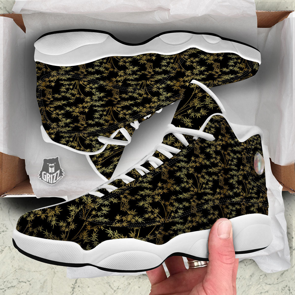 Japanese Bamboo Black And Gold Print Pattern White Basketball Shoes-grizzshop
