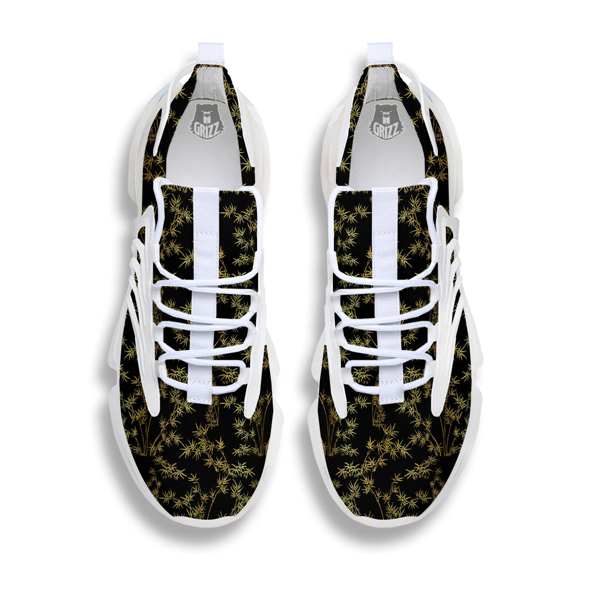 Japanese Bamboo Black And Gold Print Pattern White Gym Shoes-grizzshop