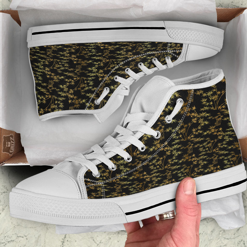 Japanese Bamboo Black And Gold Print Pattern White High Top Shoes-grizzshop