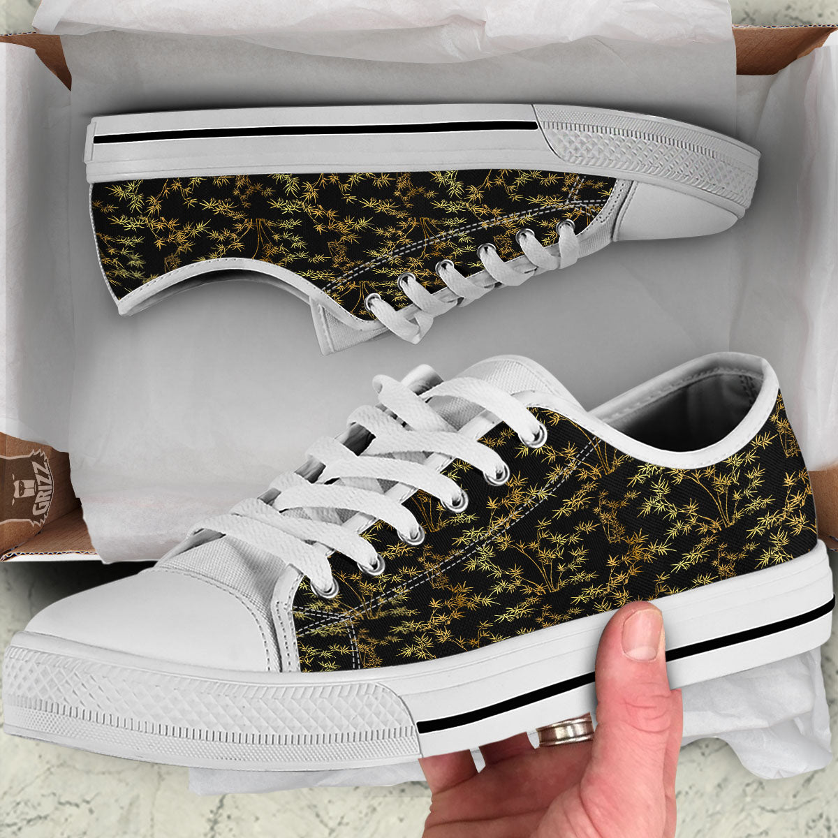 Japanese Bamboo Black And Gold Print Pattern White Low Top Shoes-grizzshop