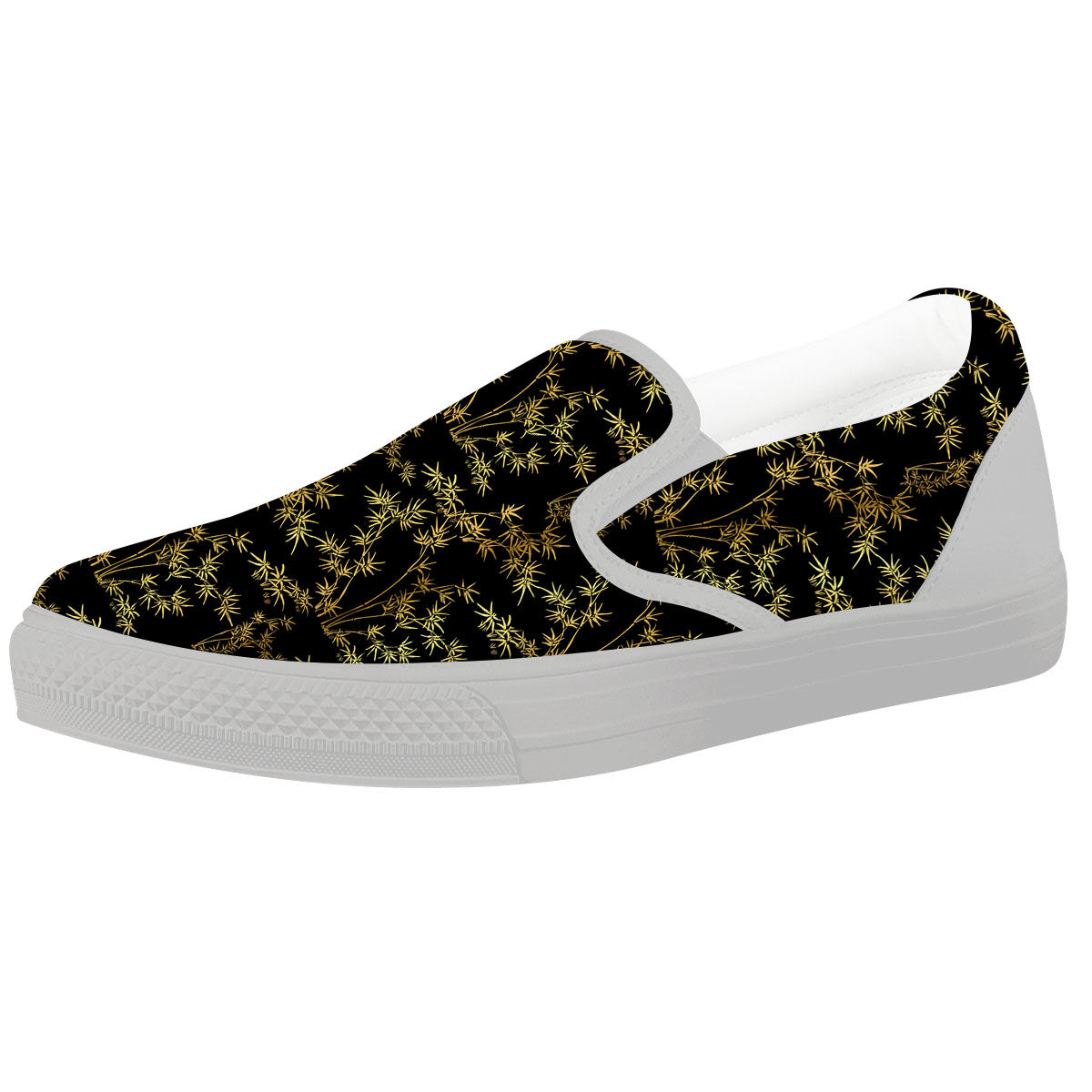 Japanese Bamboo Black And Gold Print Pattern White Slip On Shoes-grizzshop