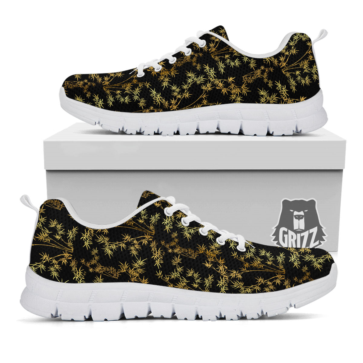 Japanese Bamboo Black And Gold Print Pattern White Sneaker-grizzshop