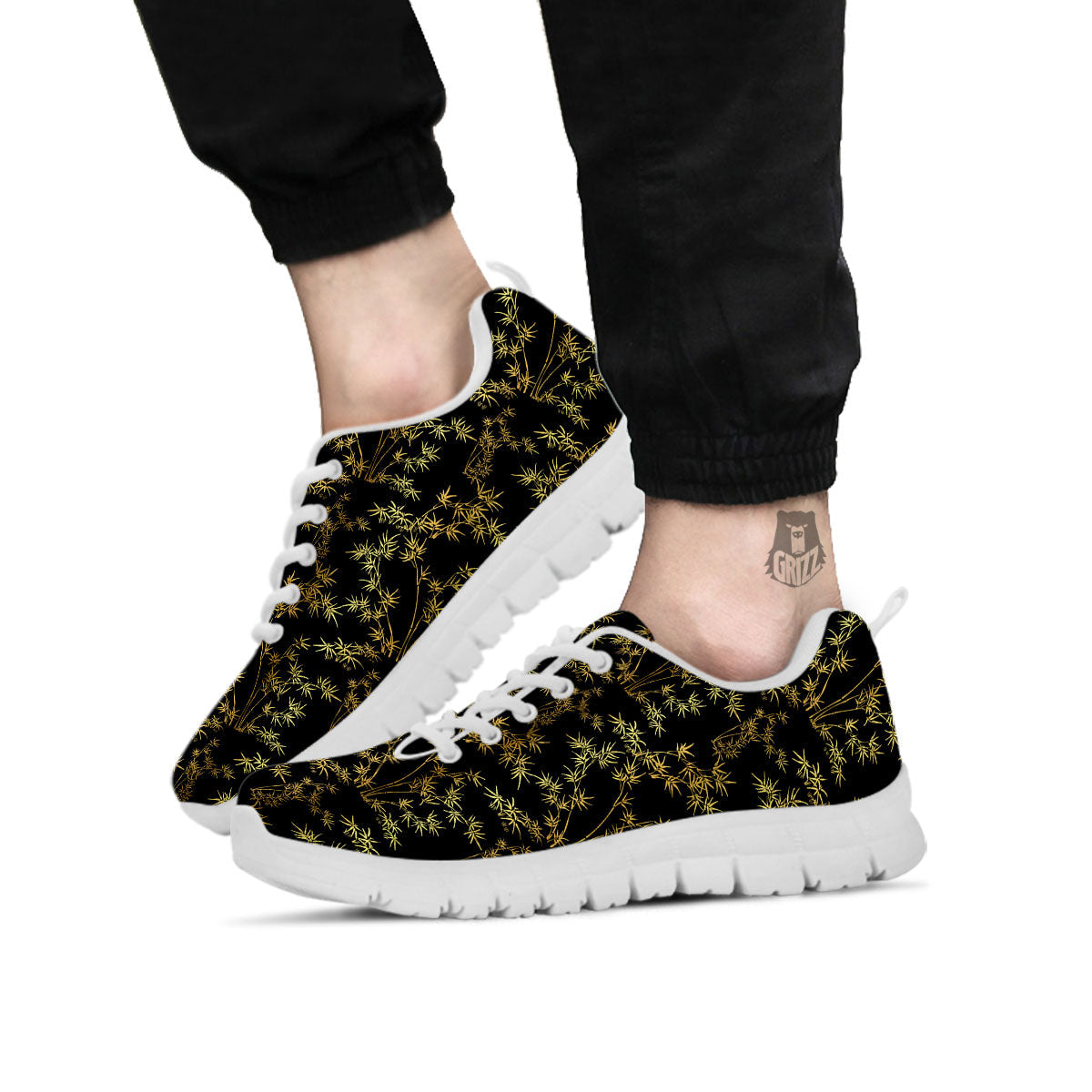 Japanese Bamboo Black And Gold Print Pattern White Sneaker-grizzshop