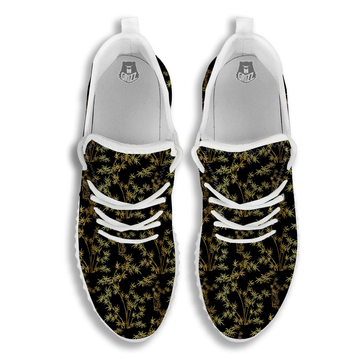 Japanese Bamboo Black And Gold Print Pattern White Walking Shoes-grizzshop