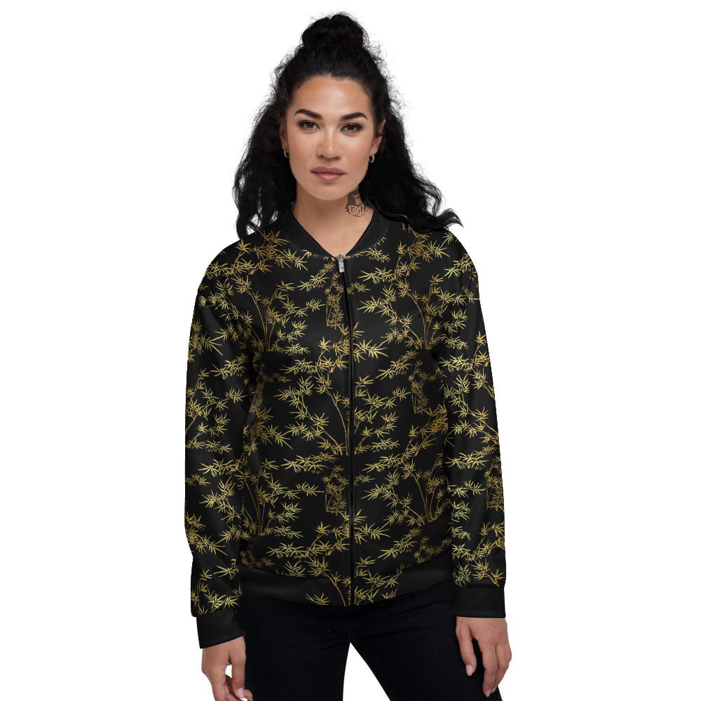 Japanese Bamboo Black And Gold Print Pattern Women's Bomber Jacket-grizzshop