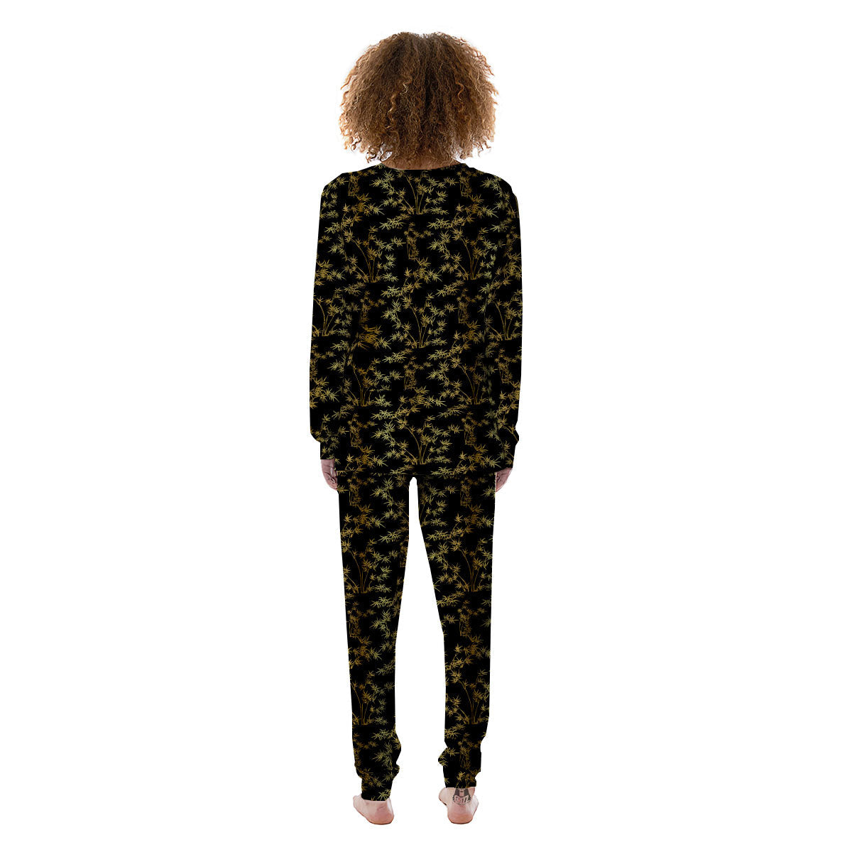 Japanese Bamboo Black And Gold Print Pattern Women's Pajamas-grizzshop