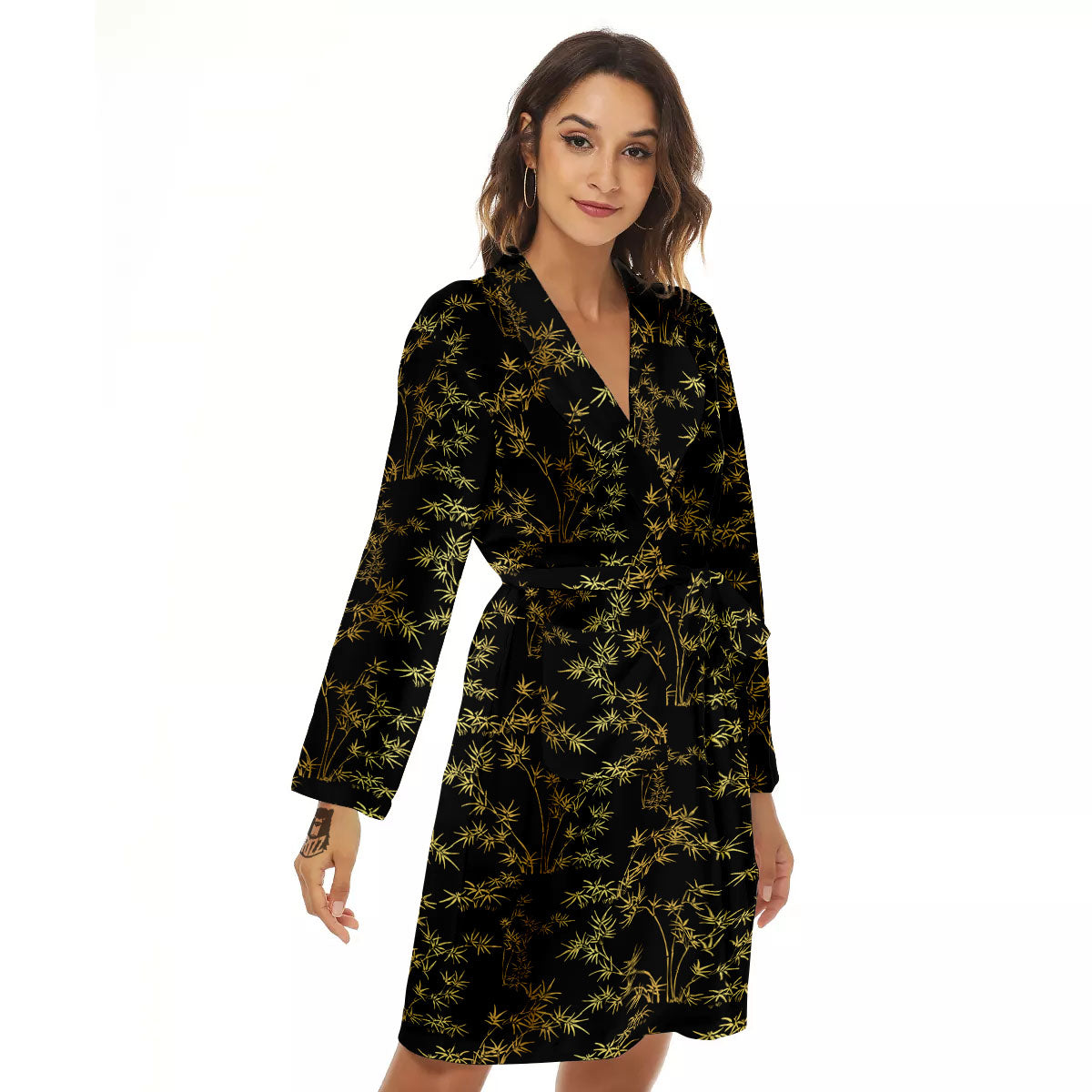 Japanese Bamboo Black And Gold Print Pattern Women's Robe-grizzshop