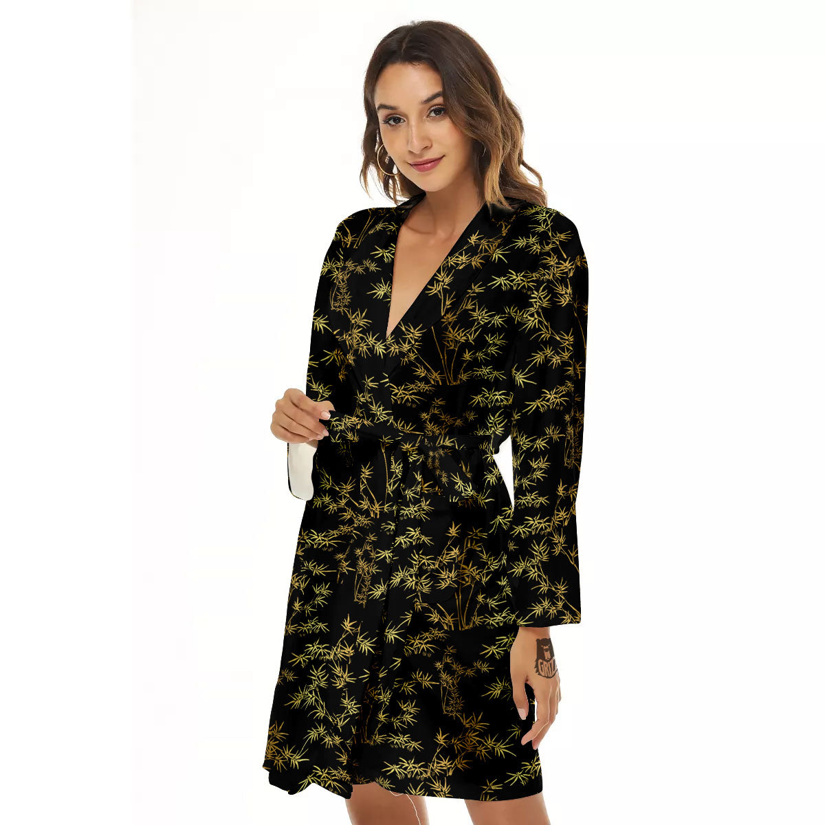 Japanese Bamboo Black And Gold Print Pattern Women's Robe-grizzshop