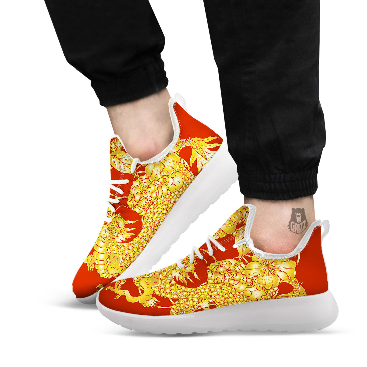 Japanese Dragon Orange Print White Athletic Shoes-grizzshop