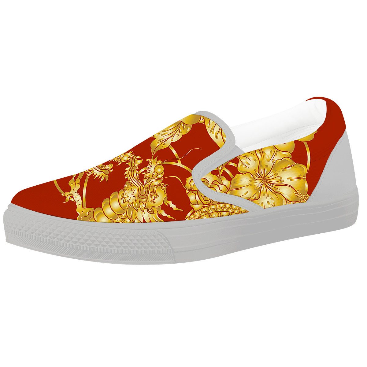 Japanese Dragon Orange Print White Slip On Shoes-grizzshop