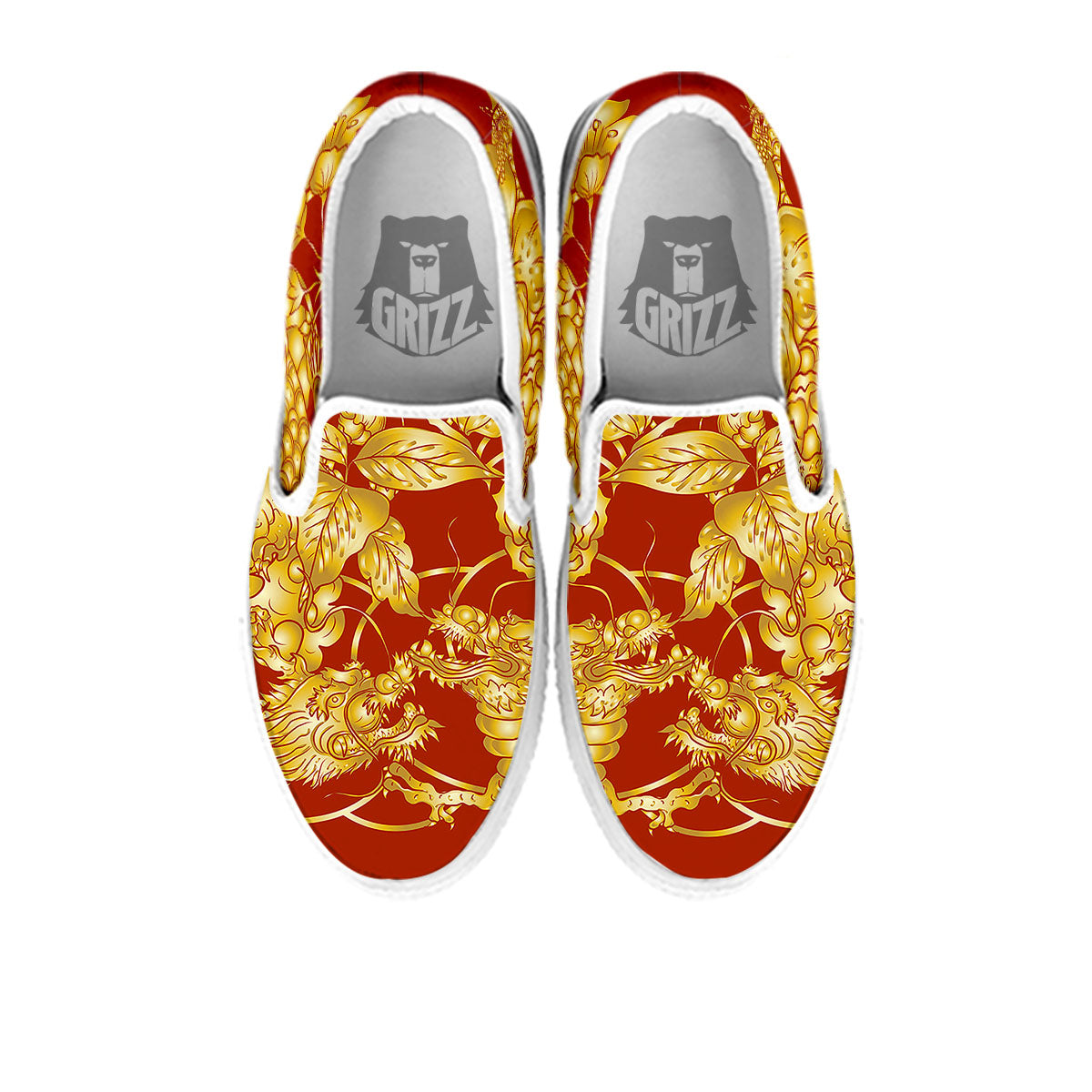 Japanese Dragon Orange Print White Slip On Shoes-grizzshop