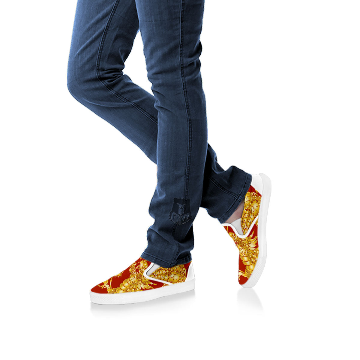 Japanese Dragon Orange Print White Slip On Shoes-grizzshop