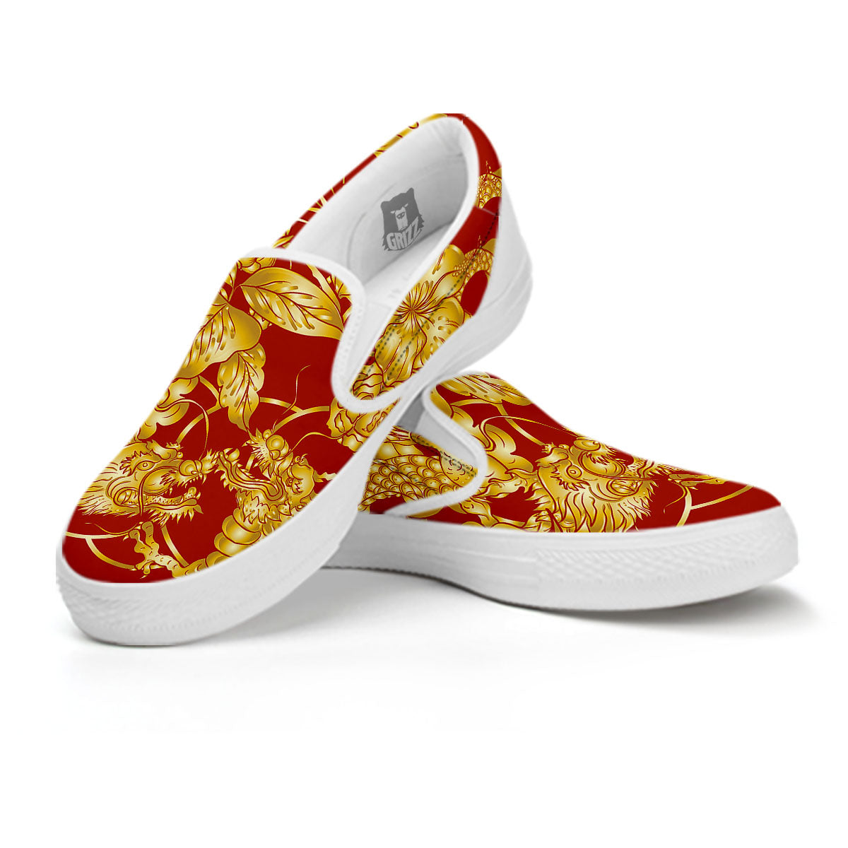 Japanese Dragon Orange Print White Slip On Shoes-grizzshop