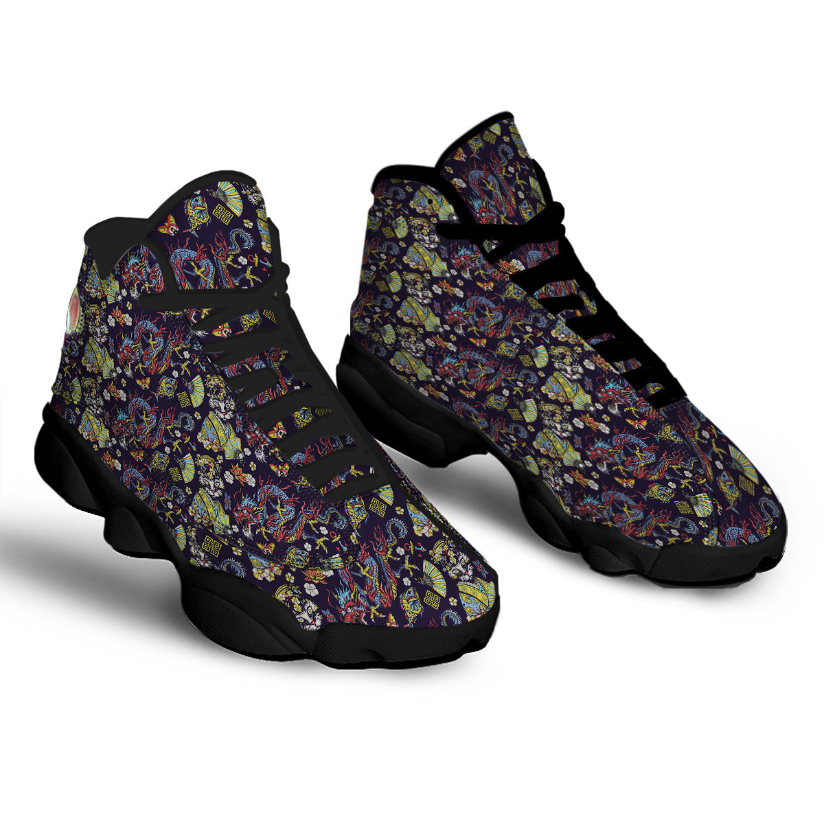 Japanese Dragons And Cat Tattoo Print Pattern Black Basketball Shoes-grizzshop