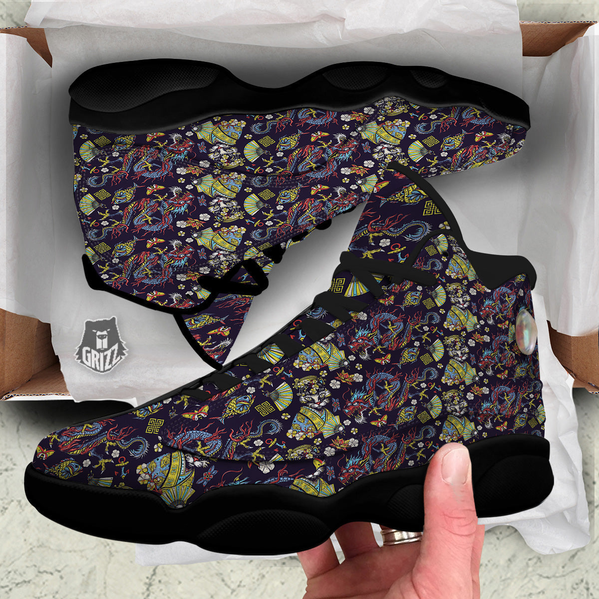 Japanese Dragons And Cat Tattoo Print Pattern Black Basketball Shoes-grizzshop