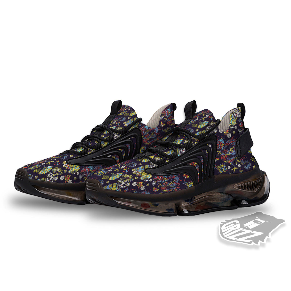Japanese Dragons And Cat Tattoo Print Pattern Black Gym Shoes-grizzshop