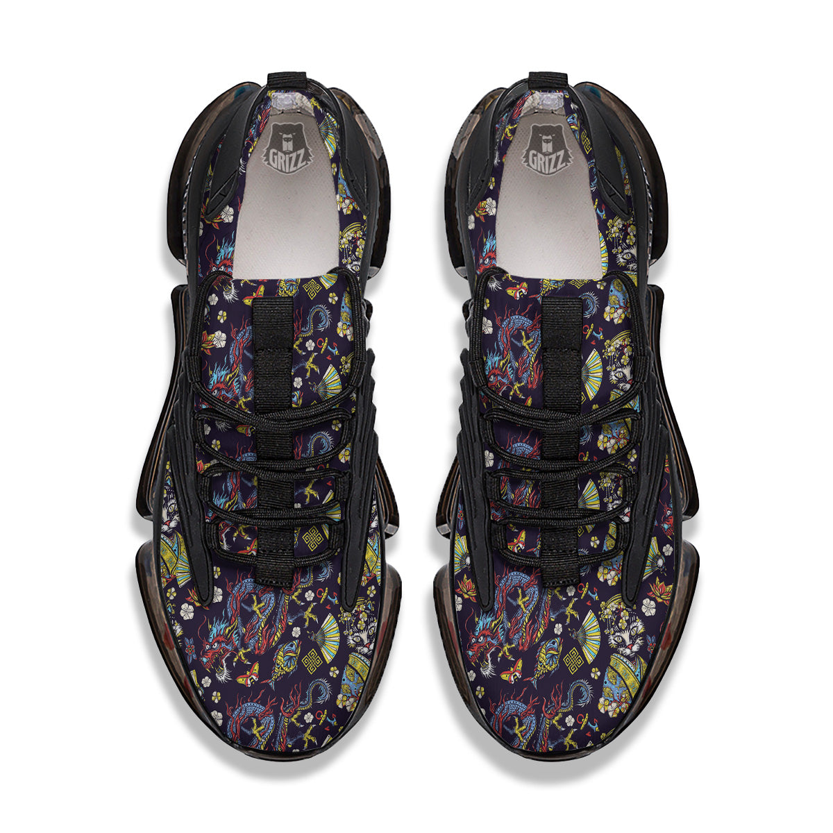 Japanese Dragons And Cat Tattoo Print Pattern Black Gym Shoes-grizzshop
