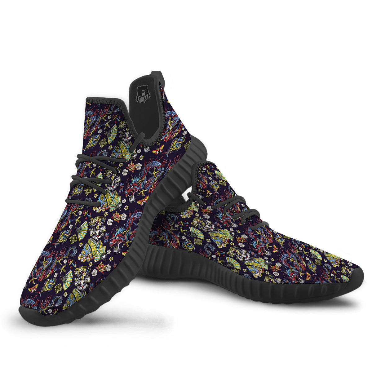 Japanese Dragons And Cat Tattoo Print Pattern Black Walking Shoes-grizzshop