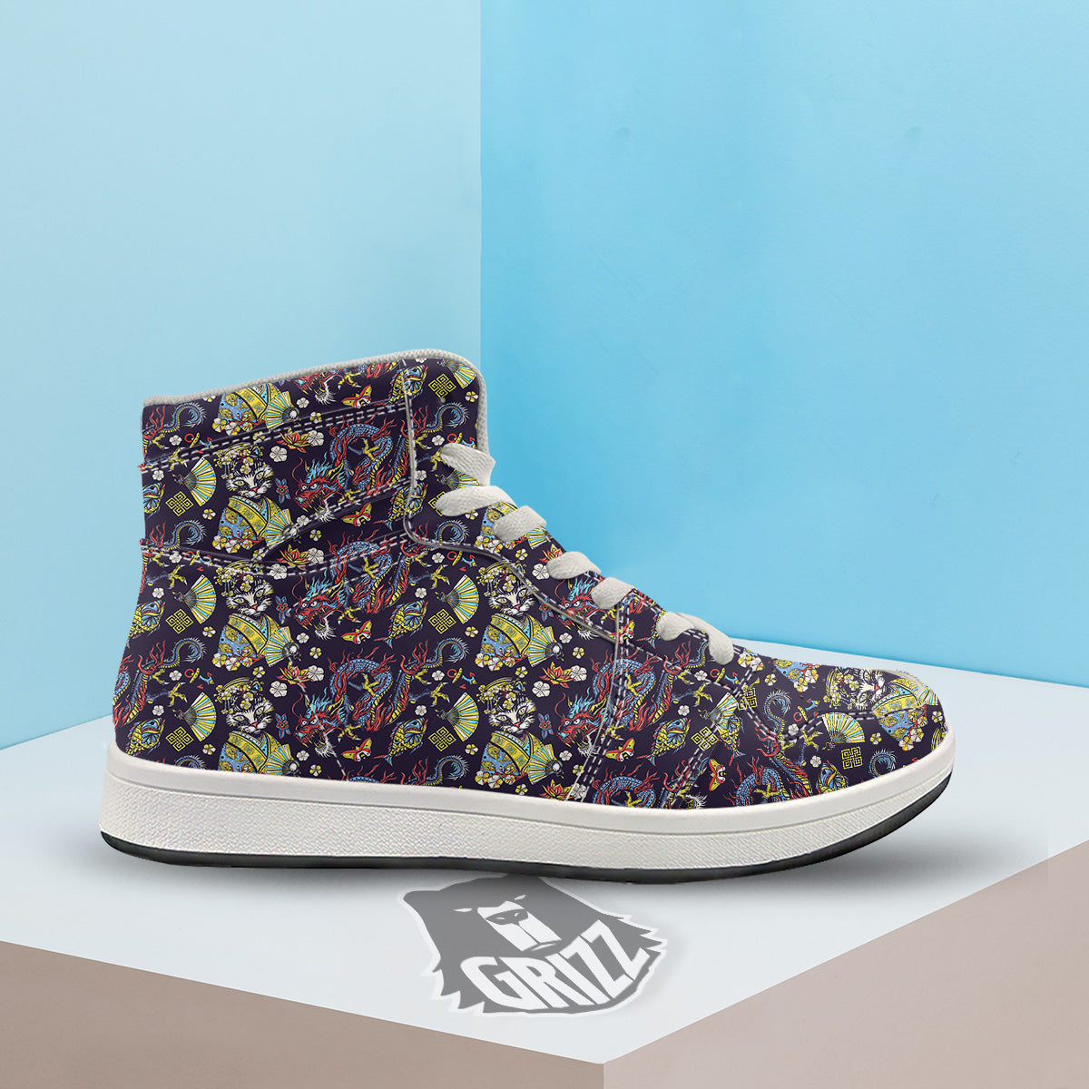 Japanese Dragons And Cat Tattoo Print Pattern High Top Sneakers-grizzshop