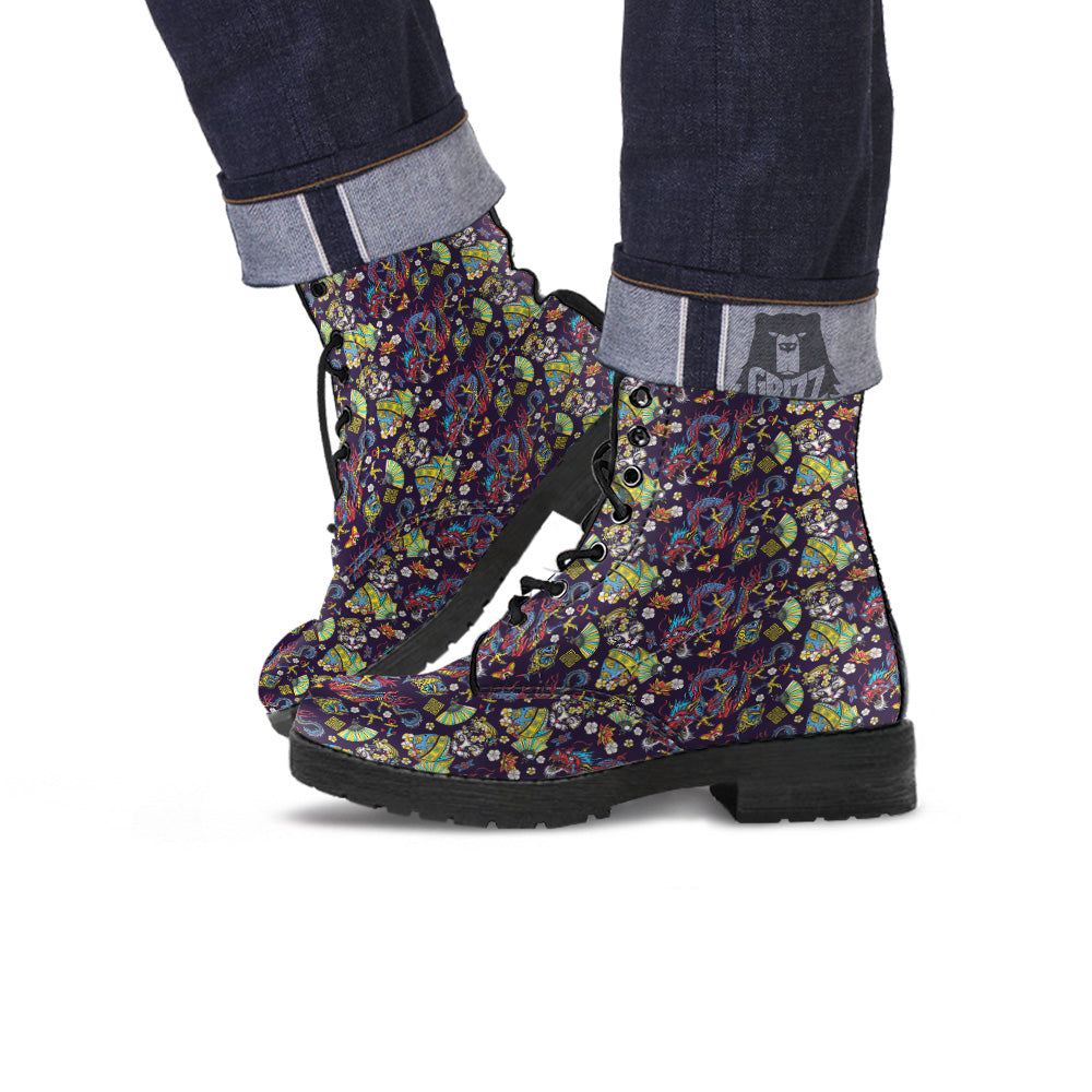 Japanese Dragons And Cat Tattoo Print Pattern Leather Boots-grizzshop