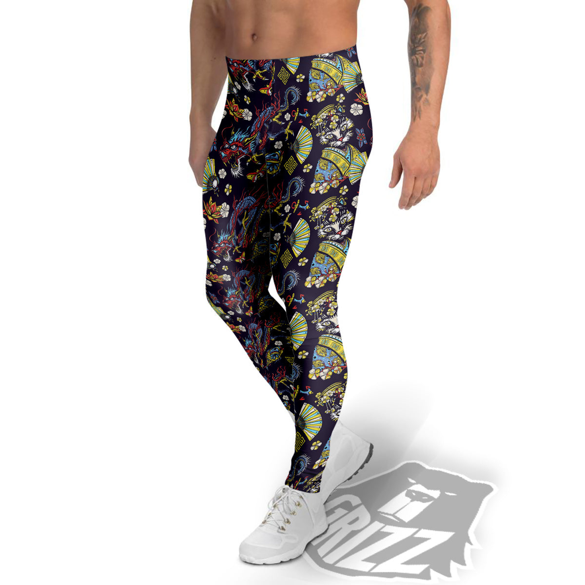 Japanese Dragons And Cat Tattoo Print Pattern Men's Leggings-grizzshop