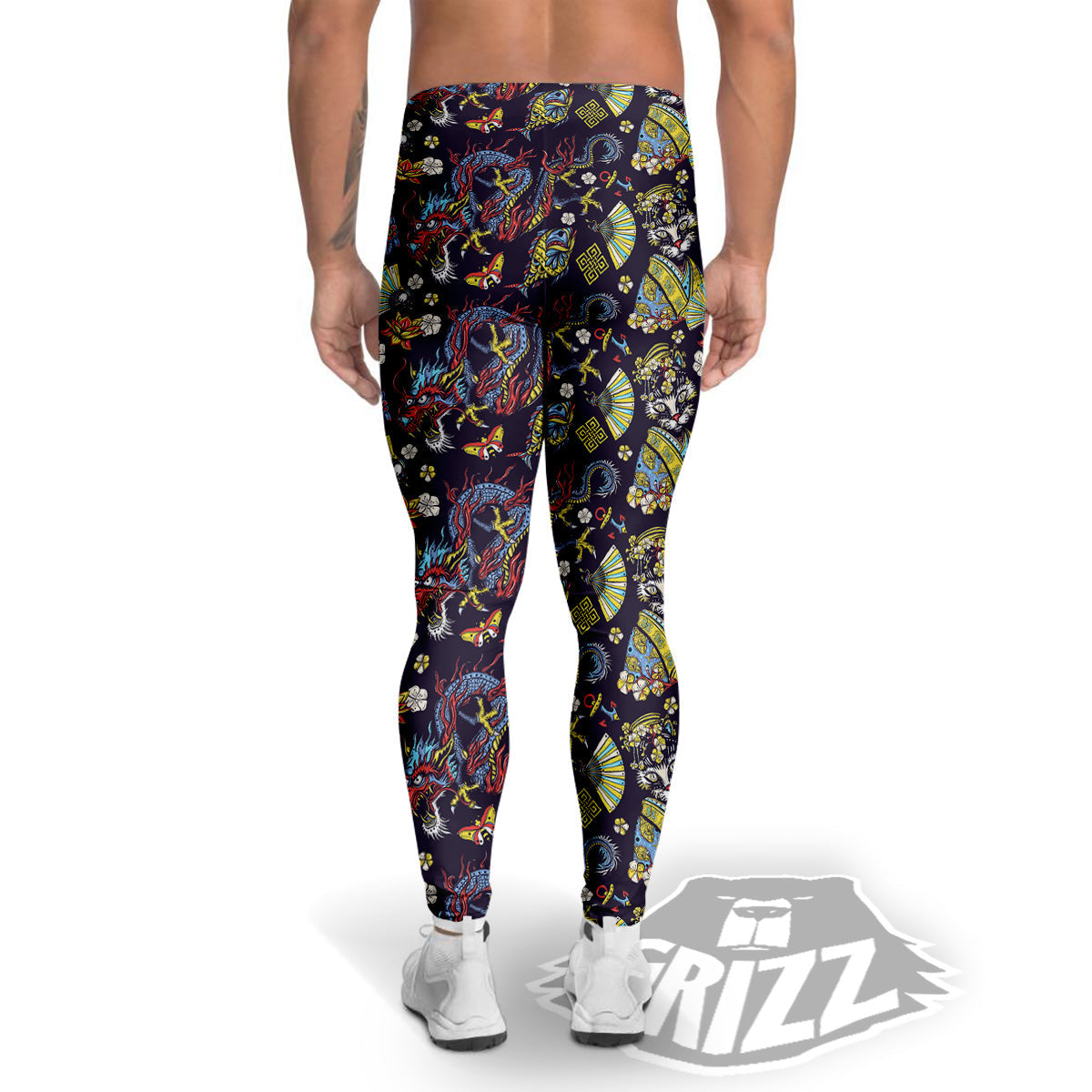 Japanese Dragons And Cat Tattoo Print Pattern Men's Leggings-grizzshop